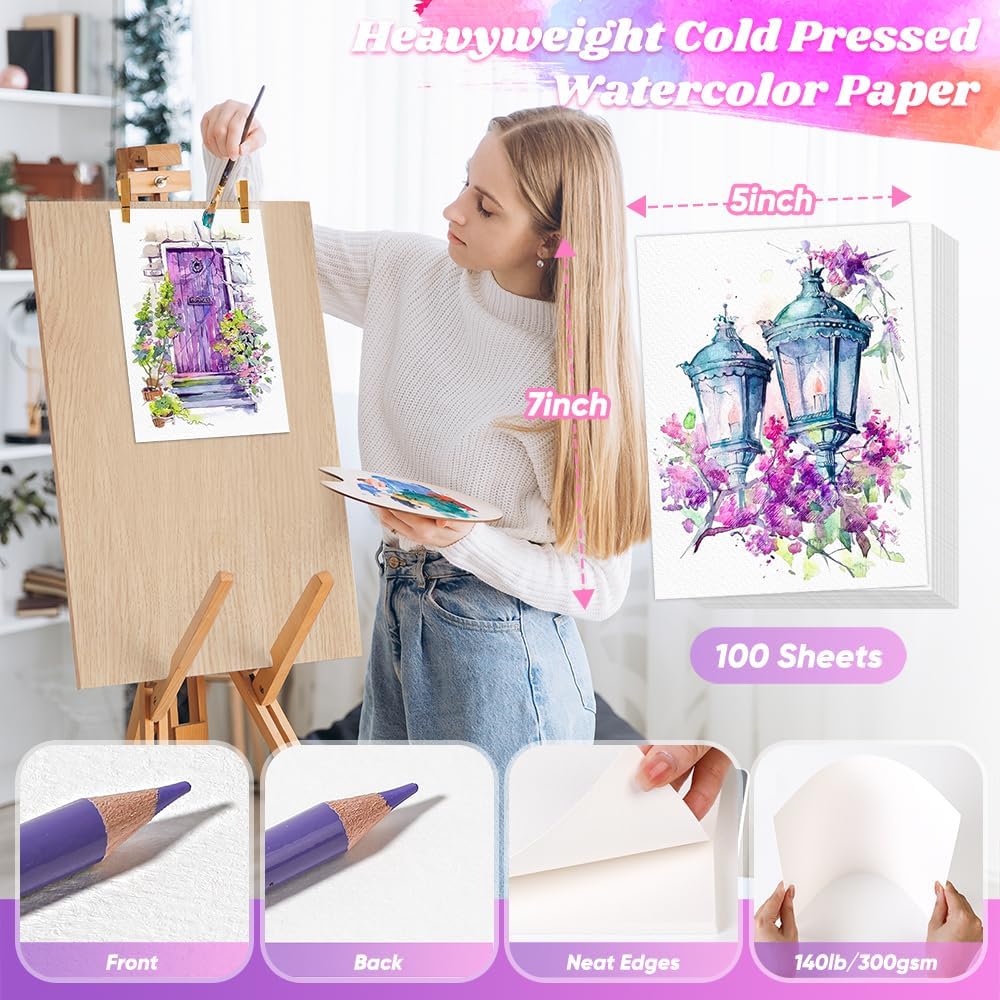 Thumbnail 1 de 100 Sheets Watercolor Paper 5"x7" 140lb Cold Pressed 🎨