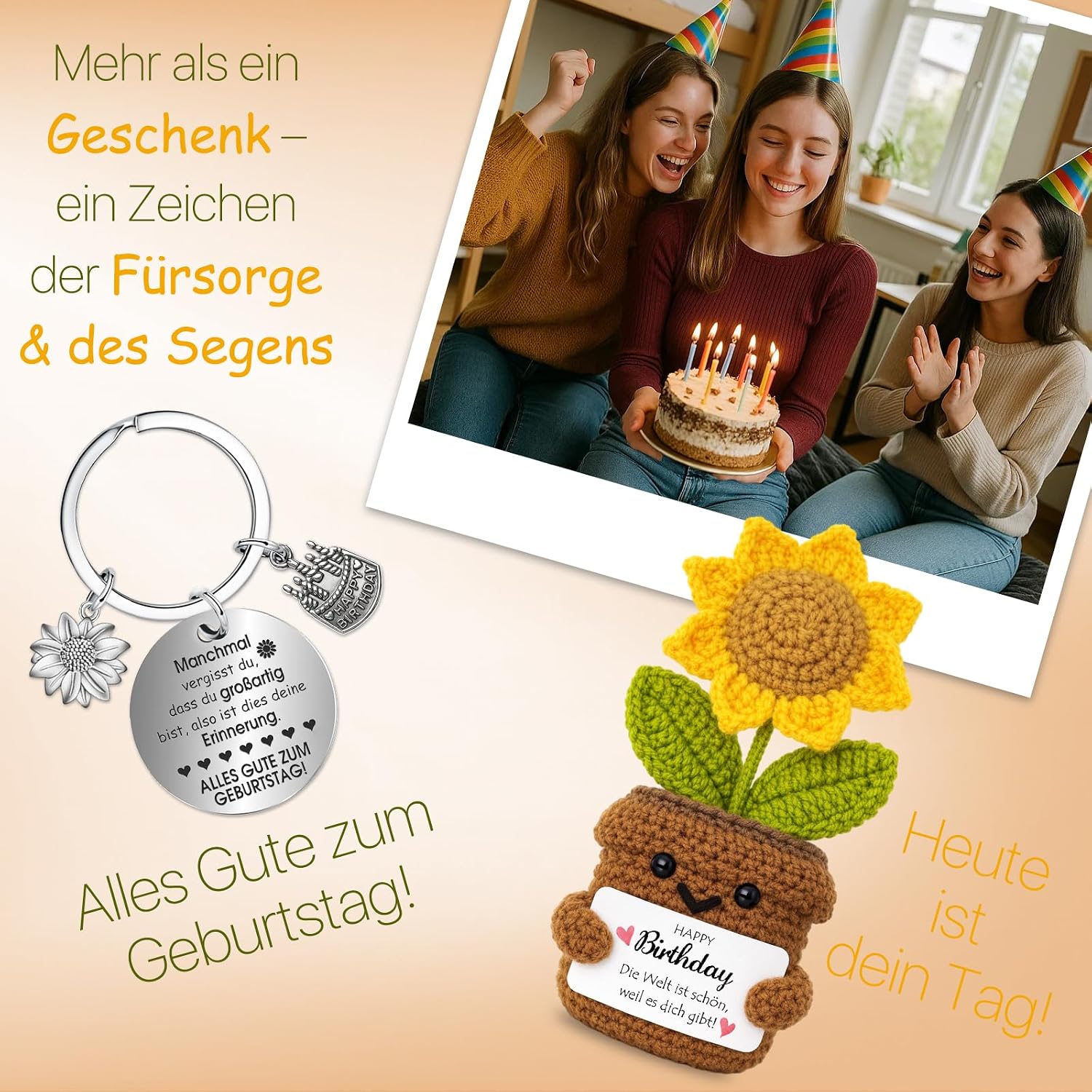 Thumbnail 6 de Farbeele Positive Sonnenblume & Glücksbringer-Schlüsselanhänger (Pocket Hug Figur) – Geburtstagsgeschenk mit Wunschkarte