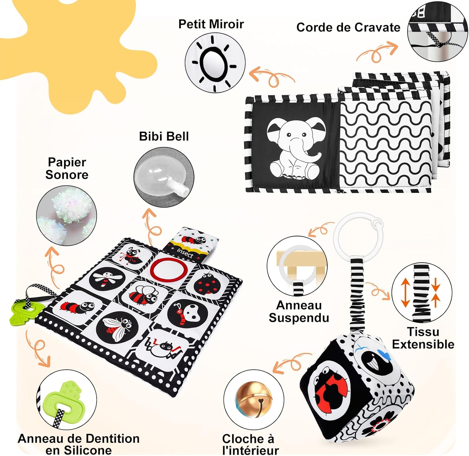 Thumbnail 2 de HappyKidsClub Jouet livre en tissu Montessori noir et blanc + hochet et tapis à froisser (0 à 12 mois)