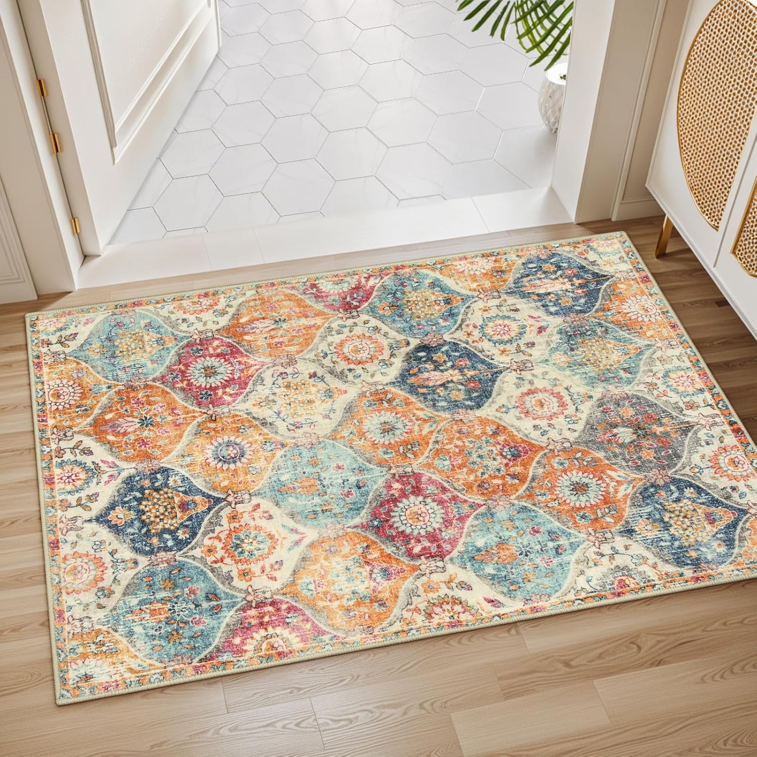 Thumbnail 3 de Lahome Moroccan Trellis Washable Rug (Cream/Multi), 2x3