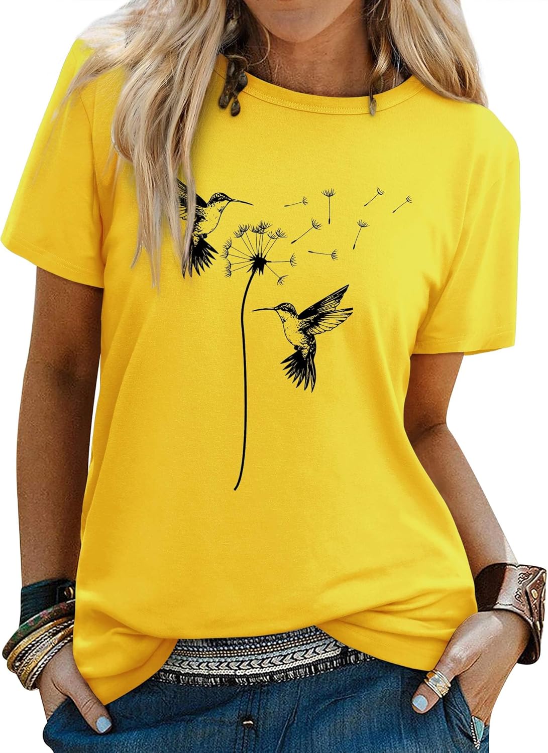 Detalle de WIEIYM Women's Dandelion Bird Printed T-Shirt – Casual Summer Top