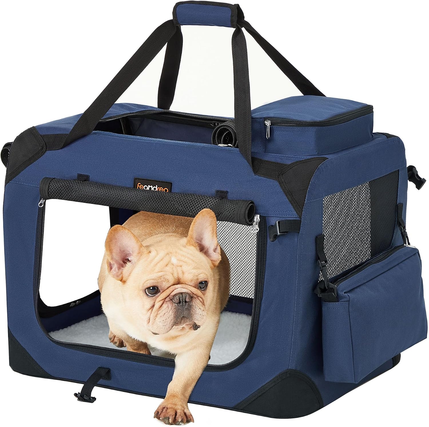 Detalle de Feandrea faltbare Hundebox M 60×42×42 cm – Transportbox mit Netzstoff, Metallrahmen und Tragegriffen (dunkelblau)