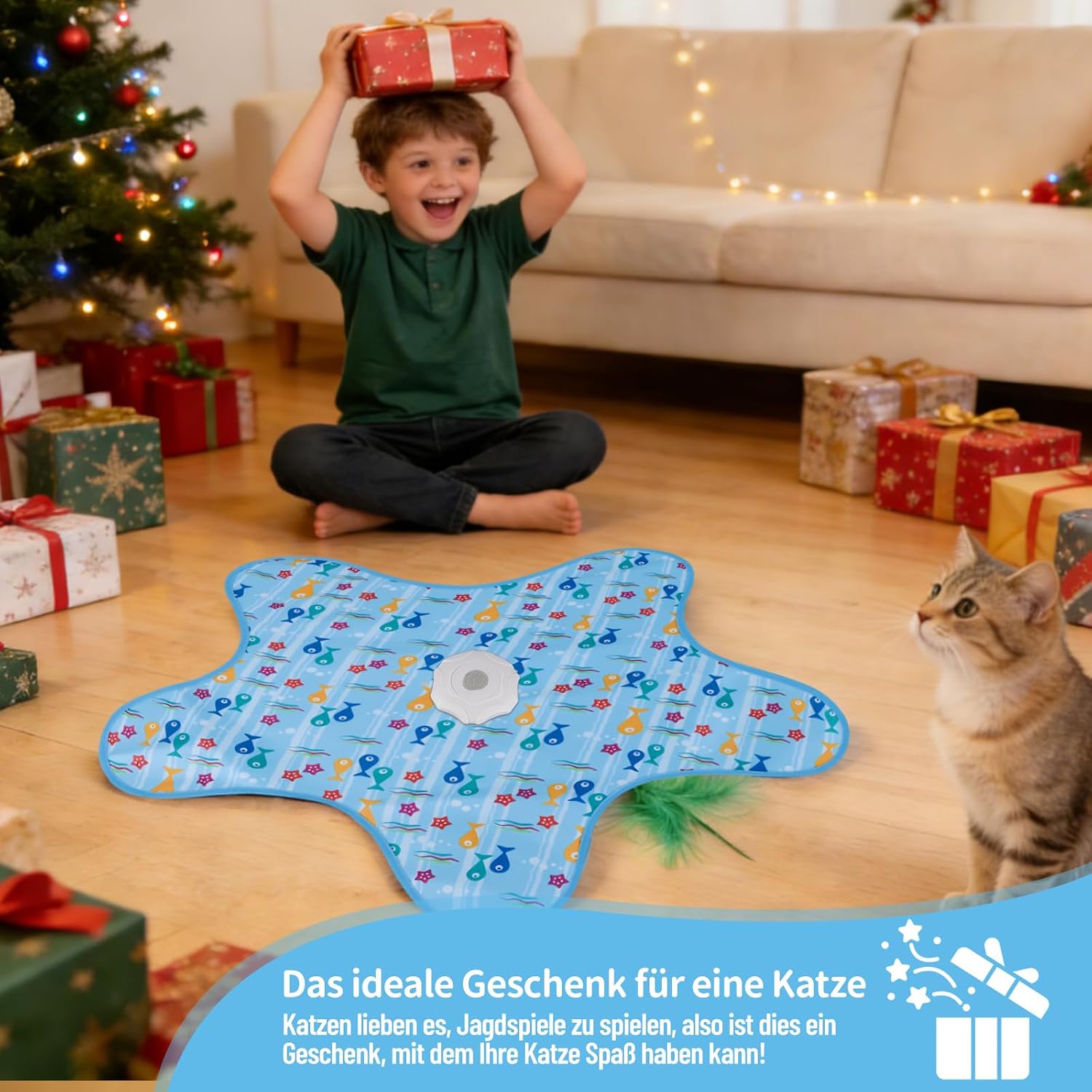 Thumbnail 6 de Interaktives Katzenspielzeug mit Feder und Quietschmaus – USB wiederaufladbar, mit Versteckspiel & 3 Lichtmodi (blau)