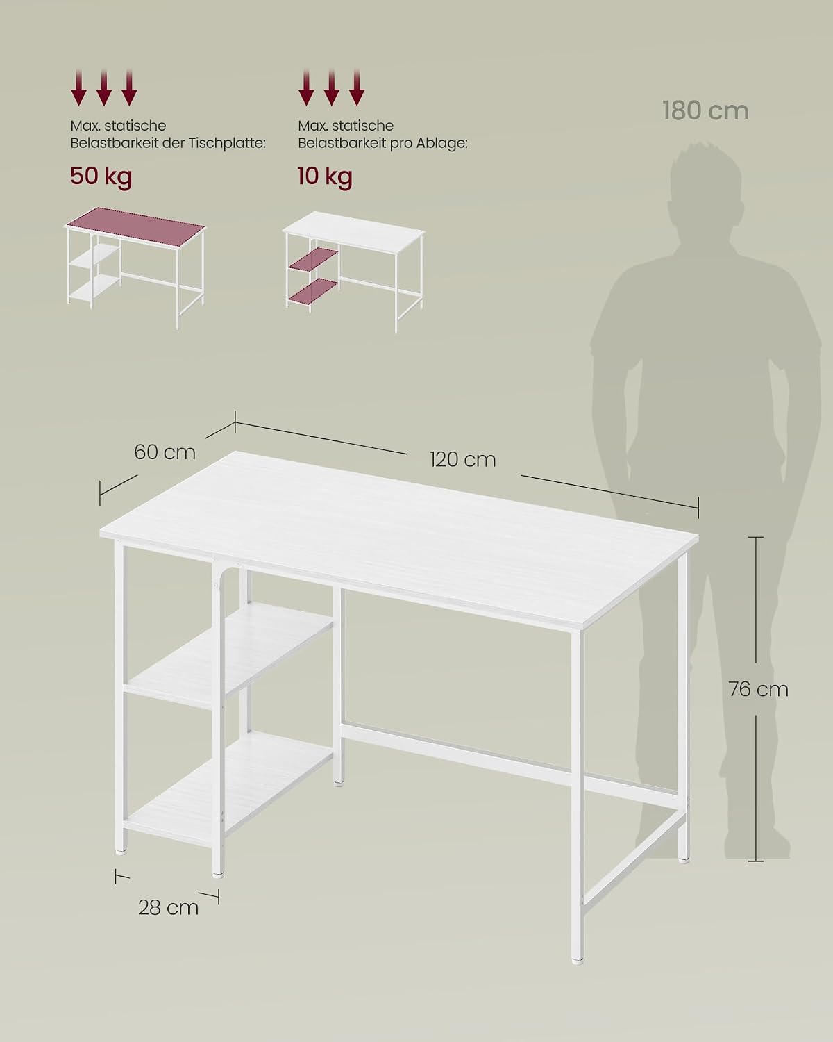 Detalle de VASAGLE Tisch LWD047W44 – Computertisch 120 × 60 cm in Ahornweiß für Büro, Arbeitszimmer und Wohnzimmer
