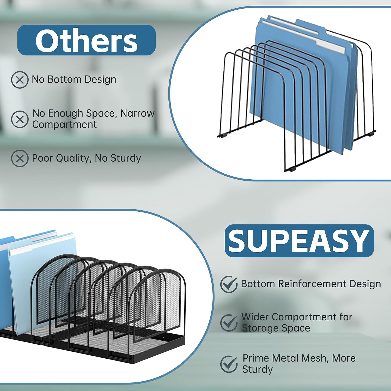 Detalle de SUPEASY 9-Section Mesh Desk Organizer, Black Metal Vertical File Holder