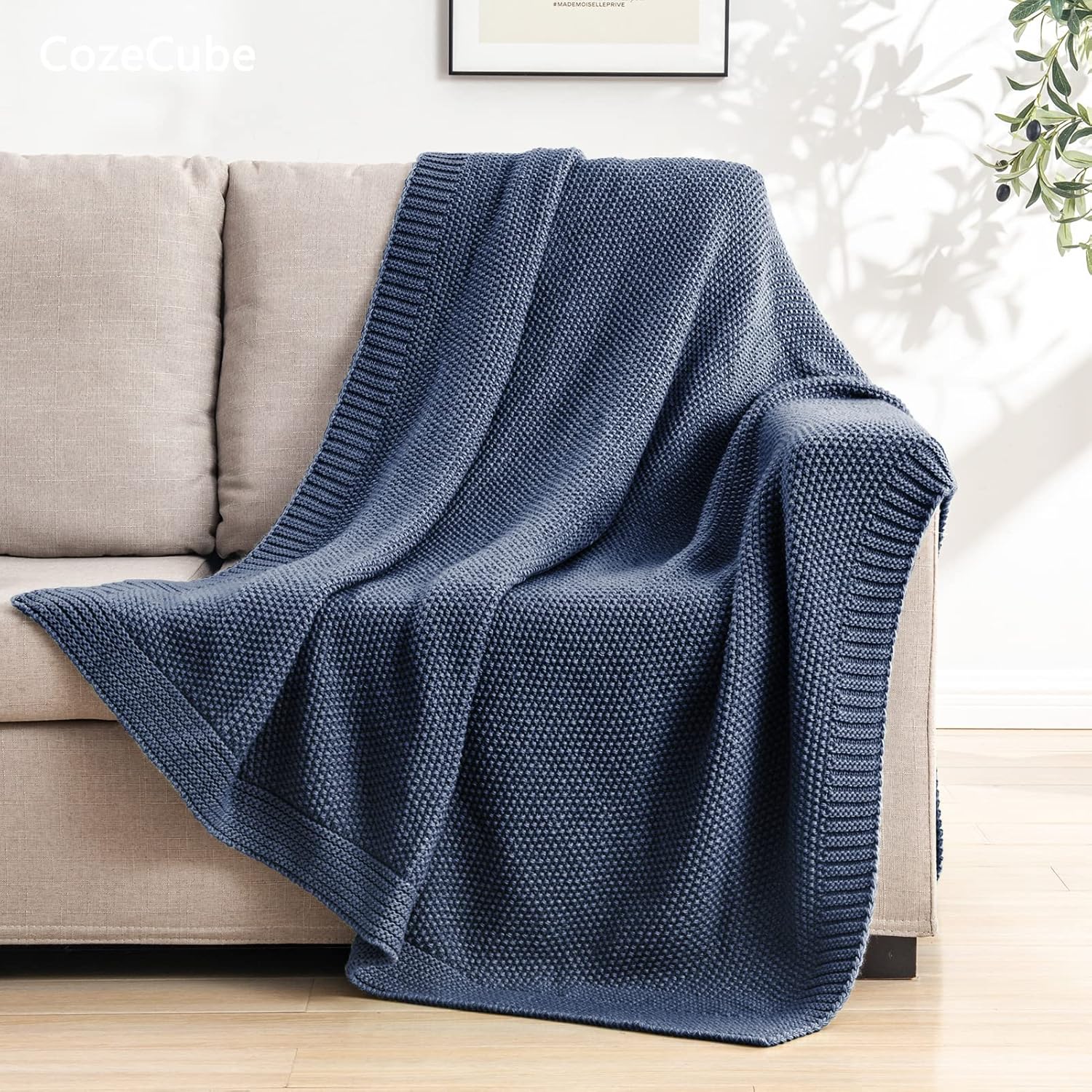 Thumbnail 2 de CozeCube Blue Throw Blanket (50"x60") Soft Cozy Cable Knit Style for Couch & Bed