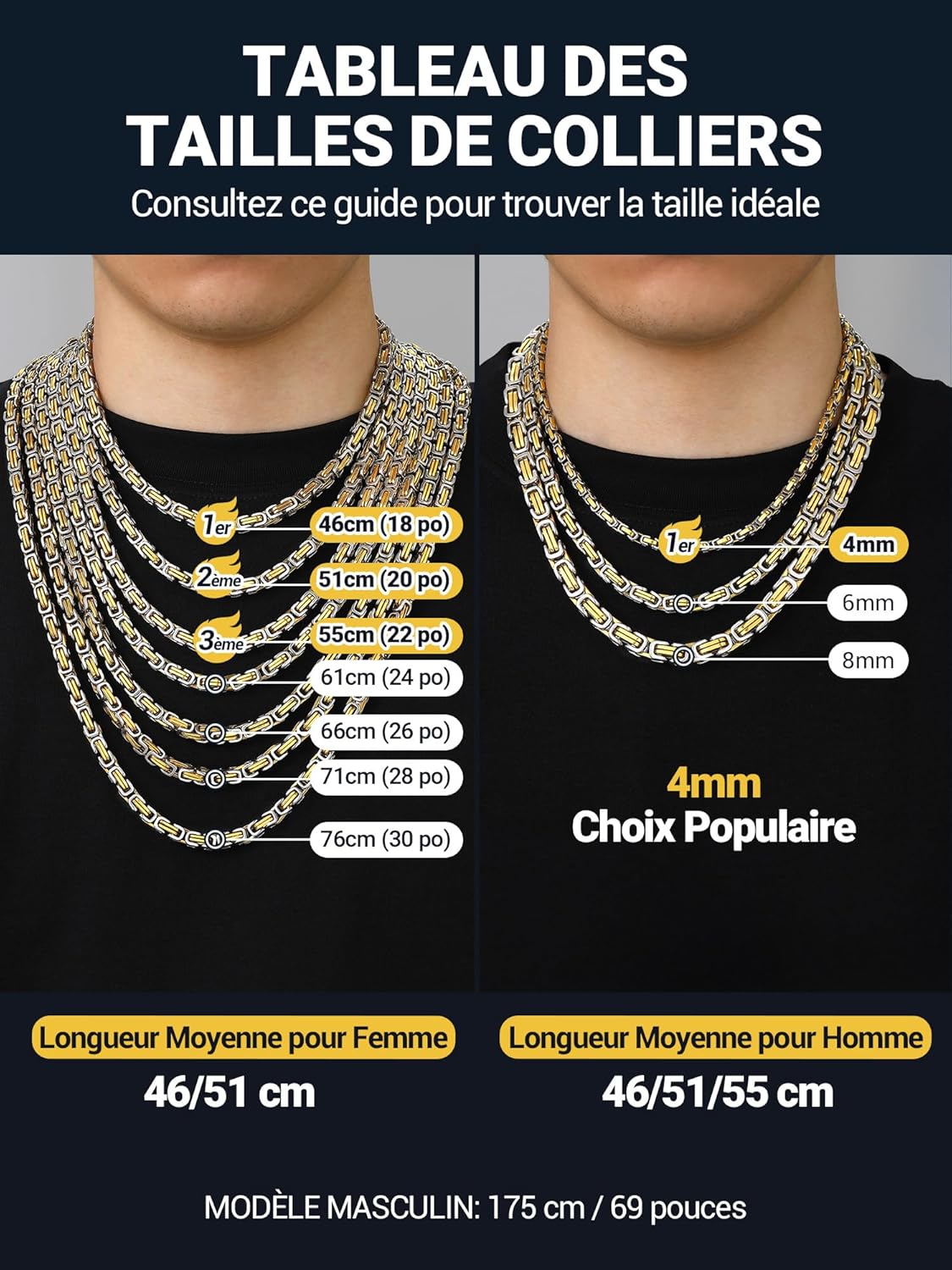 Thumbnail 4 de PROSTEEL Chaine byzantine homme en acier inoxydable 316L, maillon byzantin 4/6 mm (46 à 76 cm) plaqué or/noir