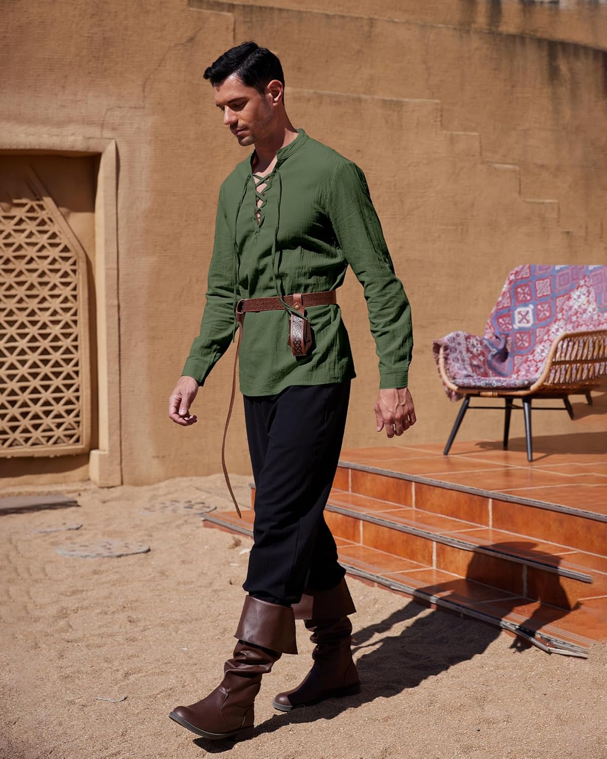 Thumbnail 2 de YAOHUOLE Linen Shirt Men: Classic Medieval Lace Up Long Sleeve, Retro Viking Top for Cosplay and Everyday Wear
