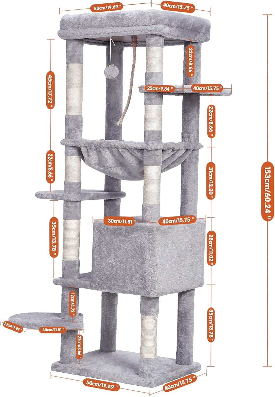 Detalle de Heybly Cat Tree for Large Cats Heavy Duty, 153cm XXL Cat Tower with Plush Perch, Cozy Basket and Large Condo