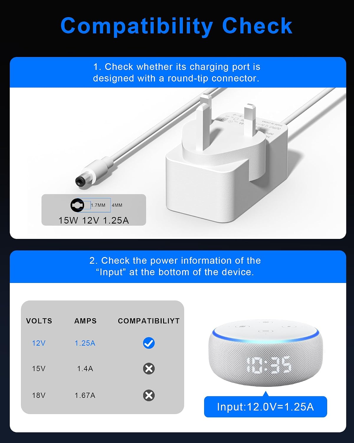 Thumbnail 5 de Binamao 12V 1.25A 15W power supply for Echo Dot