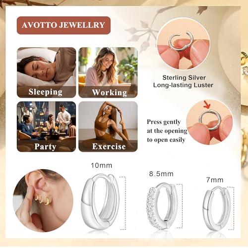 Thumbnail 3 de AVOTTO 3 Pairs Silver Earrings for Women – Hypoallergenic Sterling Silver Small Huggie Hoops