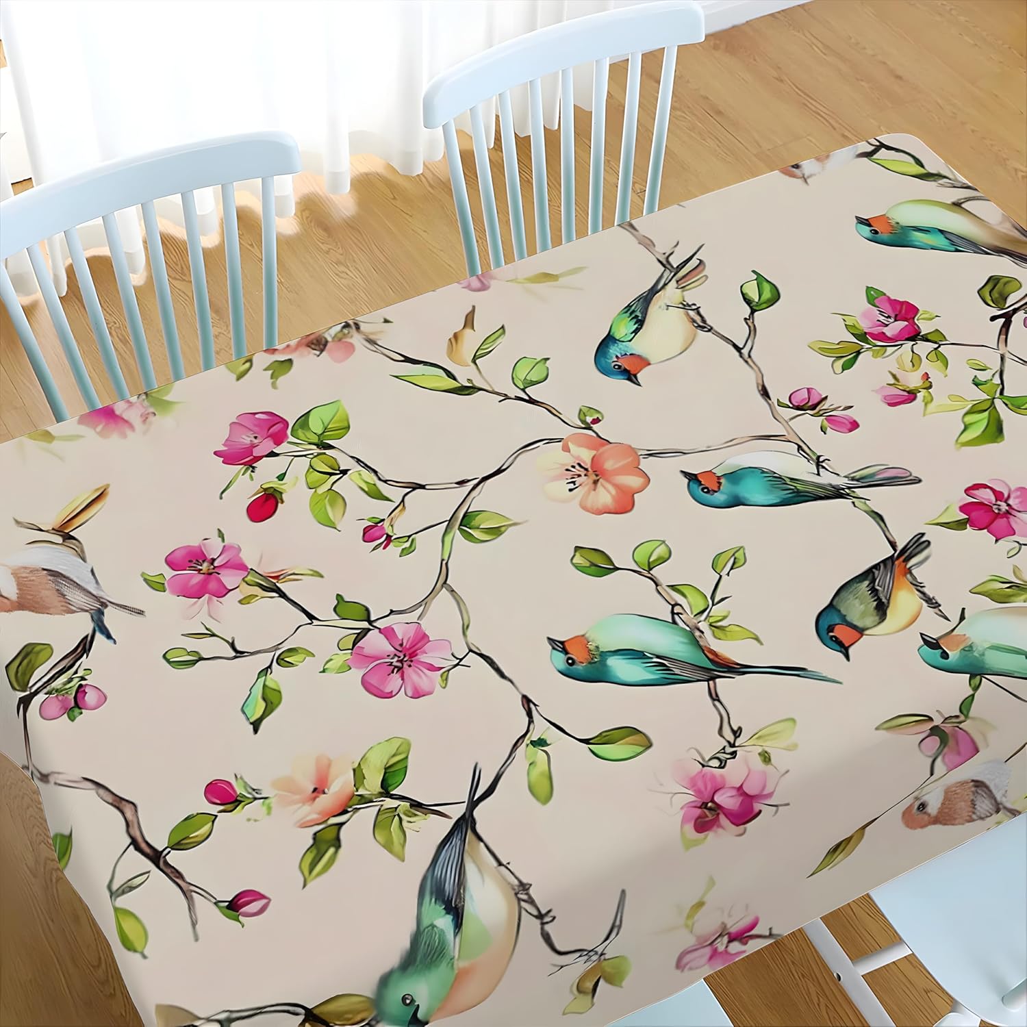Detalle de artslion Rectangle 60x84in Tablecloth – Birds on Branches, Wipe-Clean Outdoor Cover