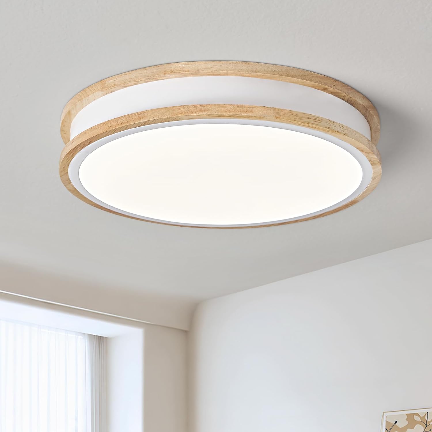 Vikaey LED-Deckenleuchte 30 cm rund aus Holz und Metall – 24 W, 4000 K neutralweiß