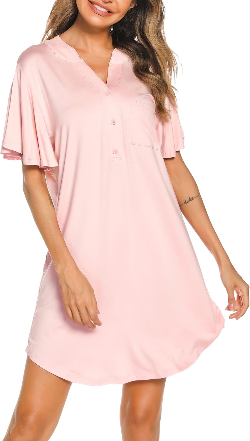Thumbnail 1 de Wikoan Camicia da notte donna in modal con bottoni e tasche, corto con maniche 3/4 (S–XXL)