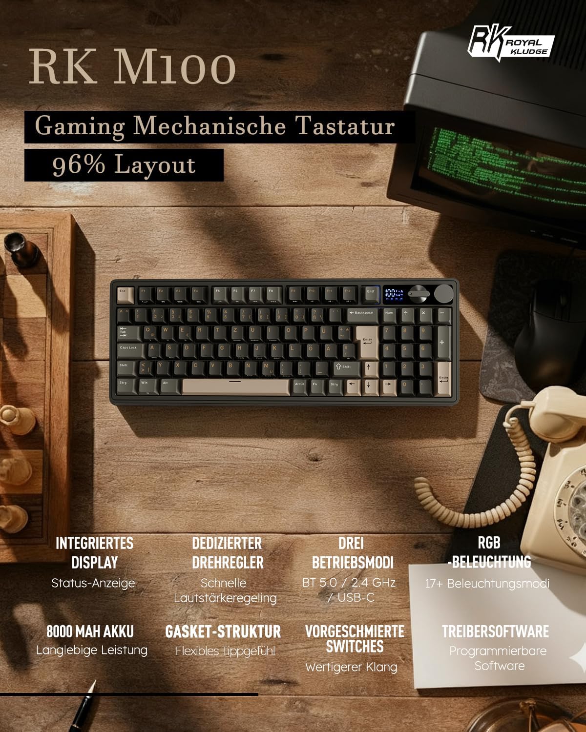 Thumbnail 1 de RK ROYAL KLUDGE M100 mechanische Tastatur (kabellos) mit Display, Drehknöpfen, QWERTZ, BT/2.4 GHz, USB-C und Hot-Swap
