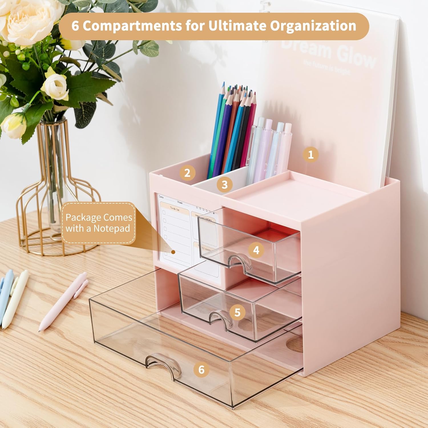 Detalle de RISEMART Desk Organiser with 3 Drawers: Large Capacity 21 x 14.5 x 15.5 cm, Pink