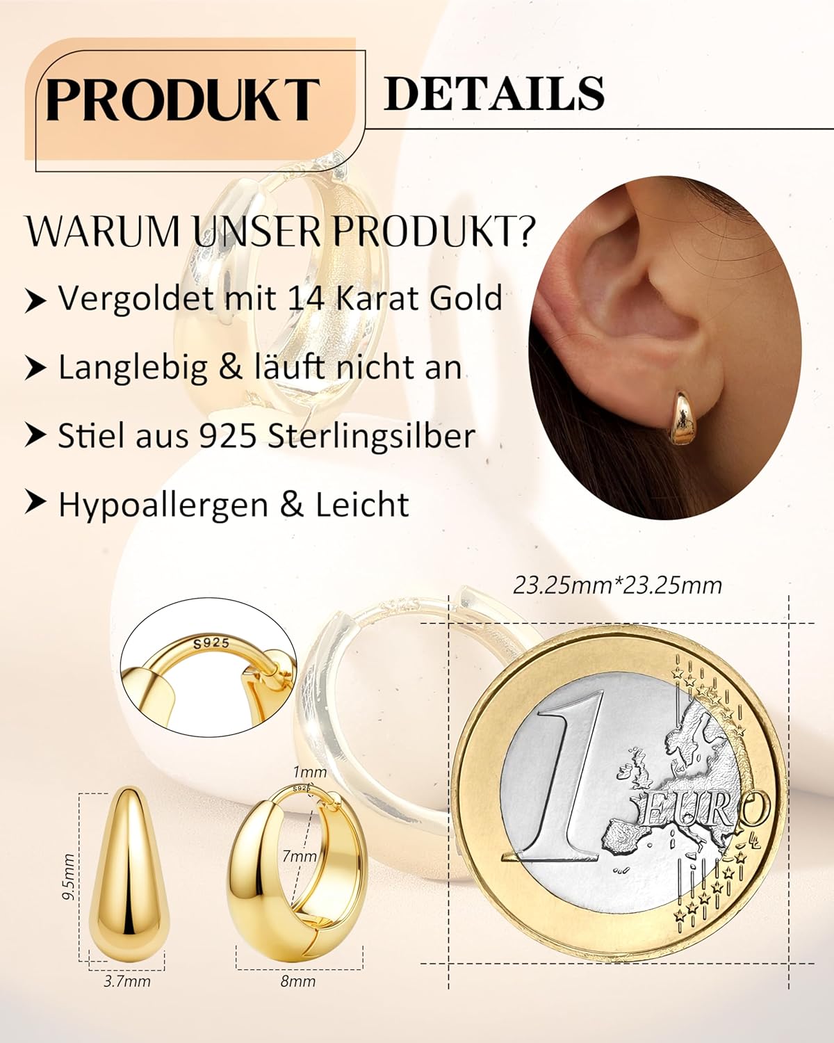 Detalle 2 de FIOROYAL 925 Silber Creolen 14K Gold 7 mm
