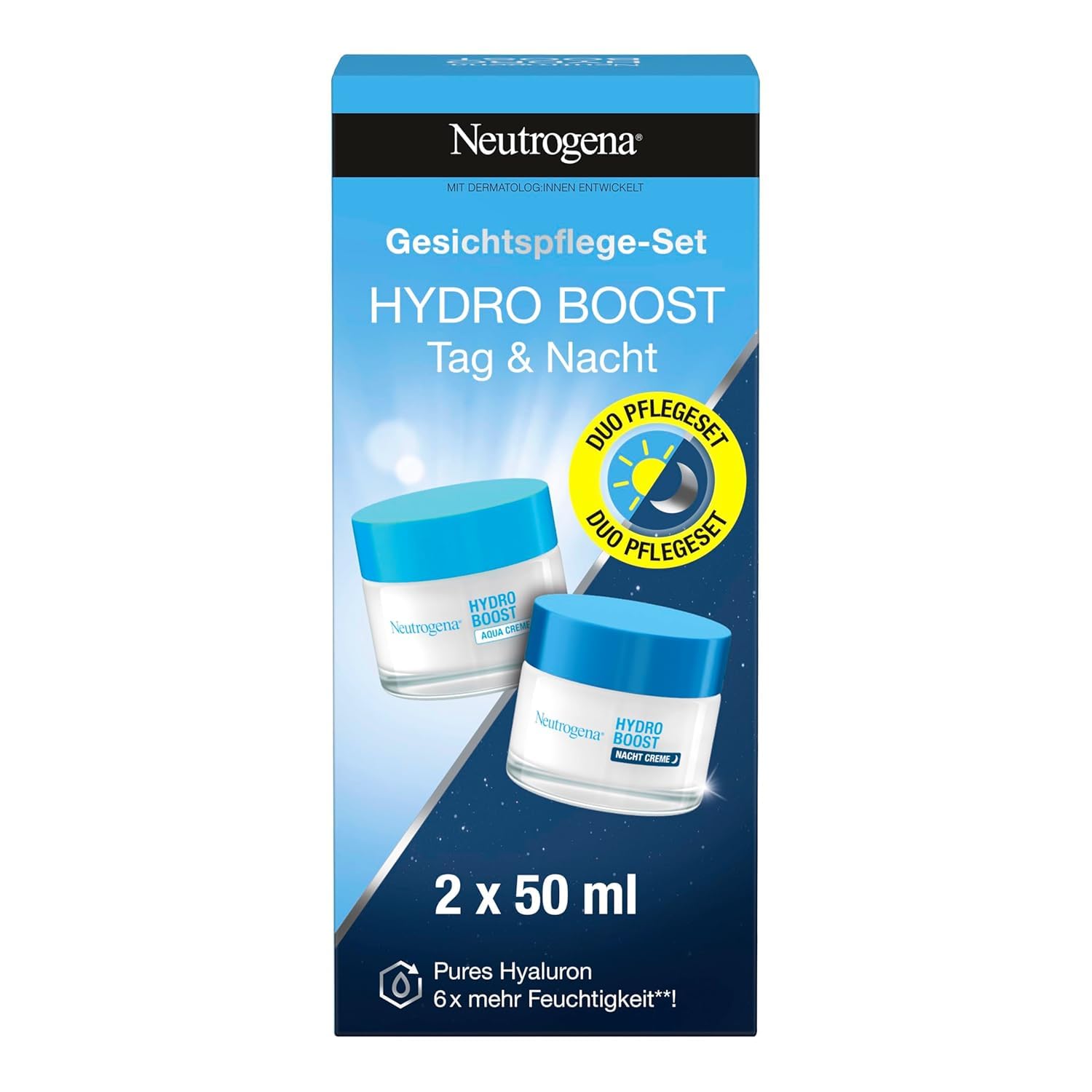 Detalle de Neutrogena Hydro Boost Skincare Set: Aqua Creme + Nachtcreme – parfümfrei, Hyaluronsäure, Feuchtigkeit für trockene Haut