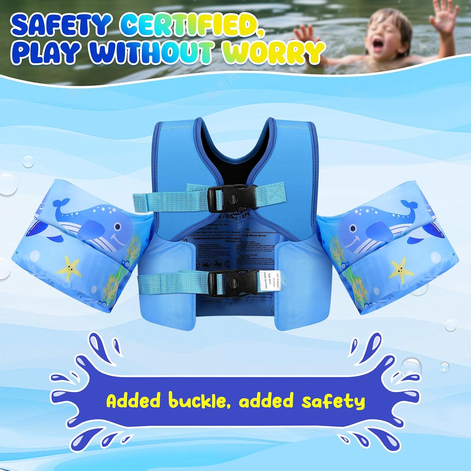 Detalle 2 de MoKo Toddler Swim Vest for Kids (13-30/20-50/22-66 lbs) – Non-Inflatable Nylon & EPE Foam, Safe Buckle, Whistle, and Colorful Arm Floaties