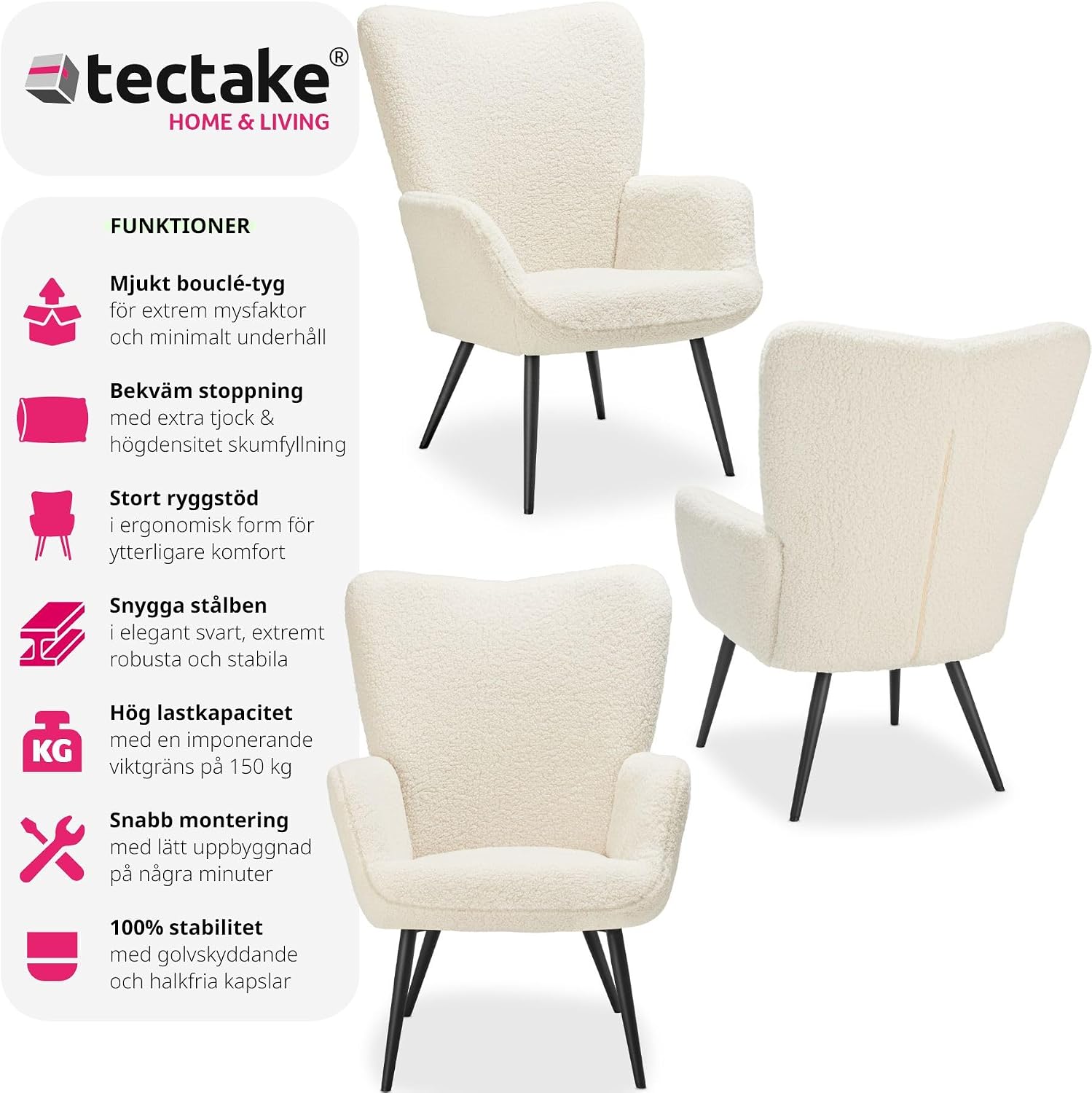 Detalle de tectake Hygge 405057 fåtölj i bouclé med ergonomiskt ryggstöd och svarta stålben