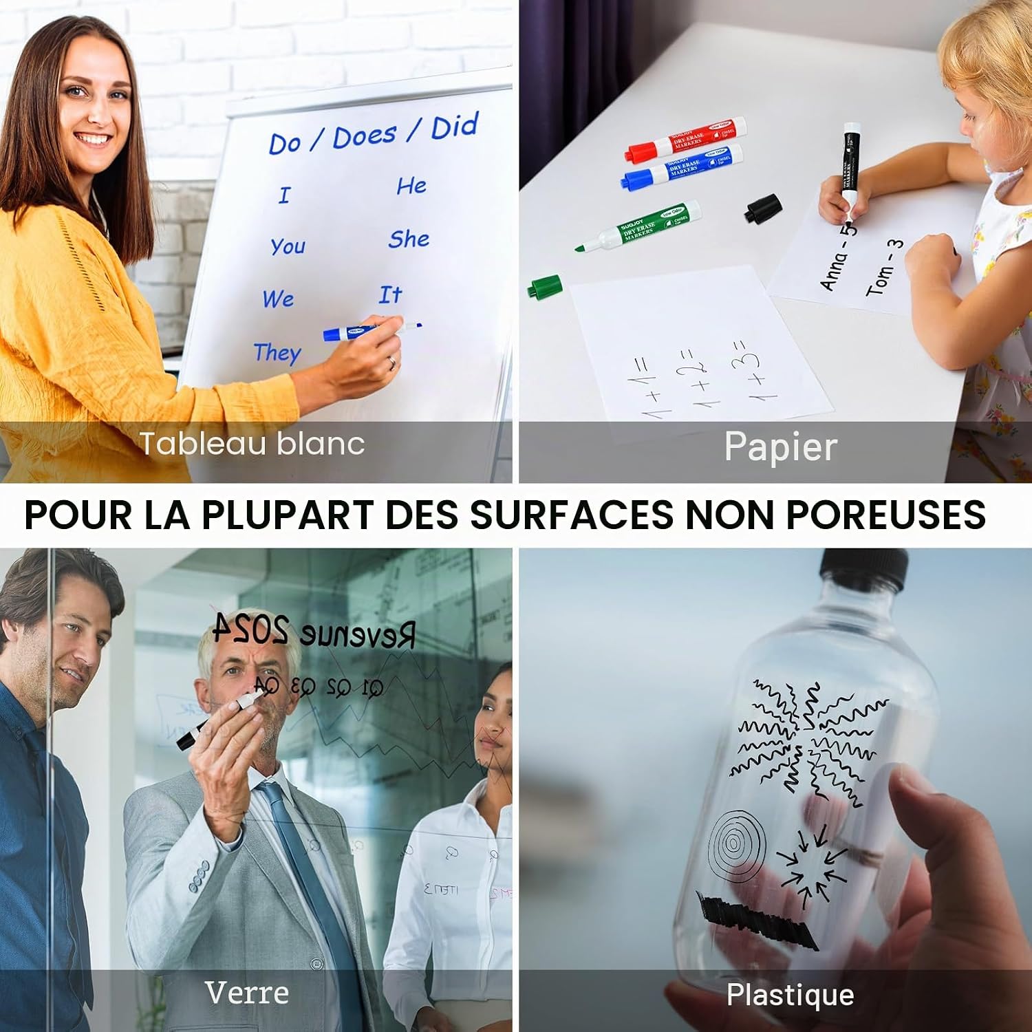 Detalle de SUQJOY Stylos pour Tableau Blanc – Lot de 12, 4 couleurs, pointe ogive, faible odeur