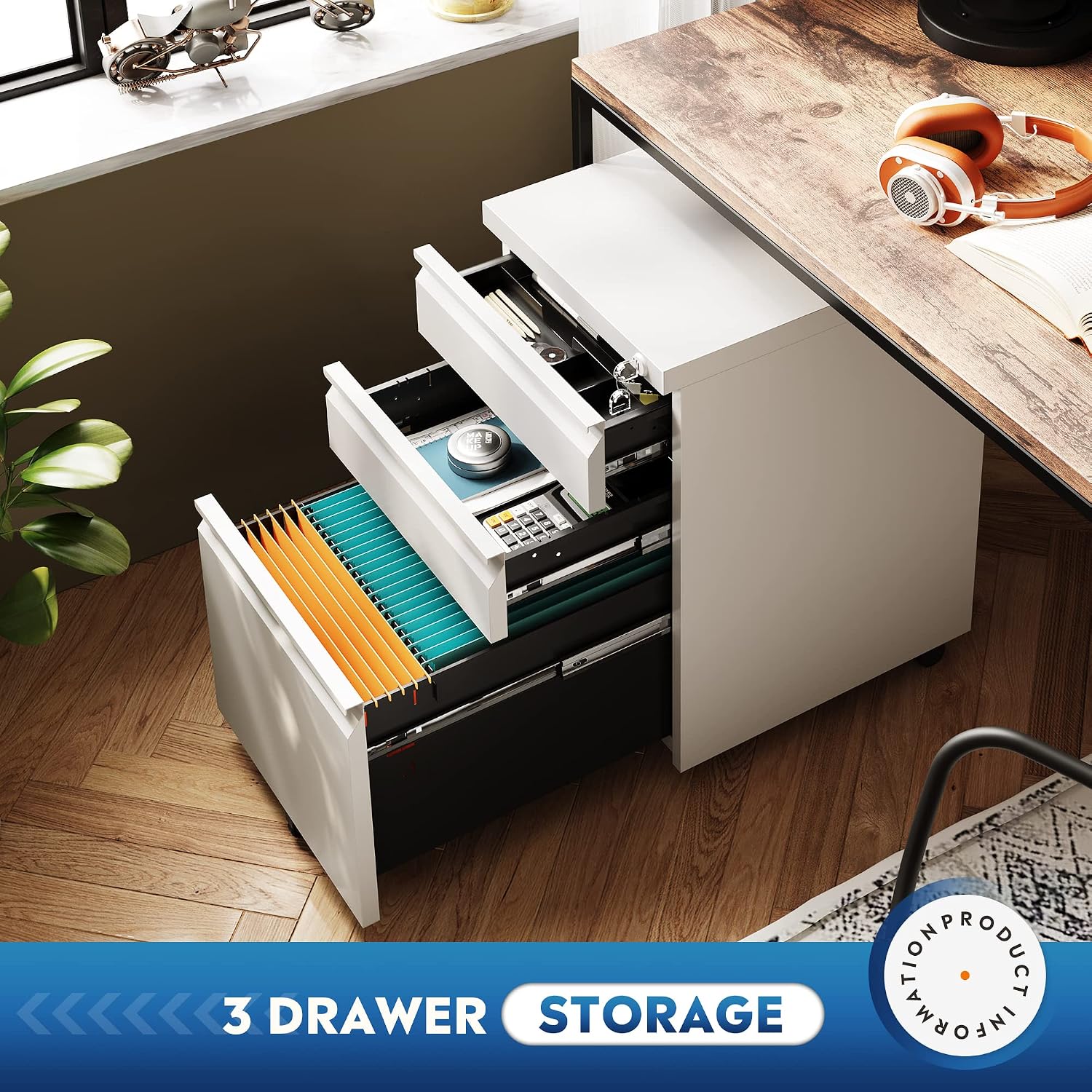 Detalle 2 de DEVAISE AHDG025WH 3-Drawer Mobile File Cabinet, White, Locking, Under-Desk