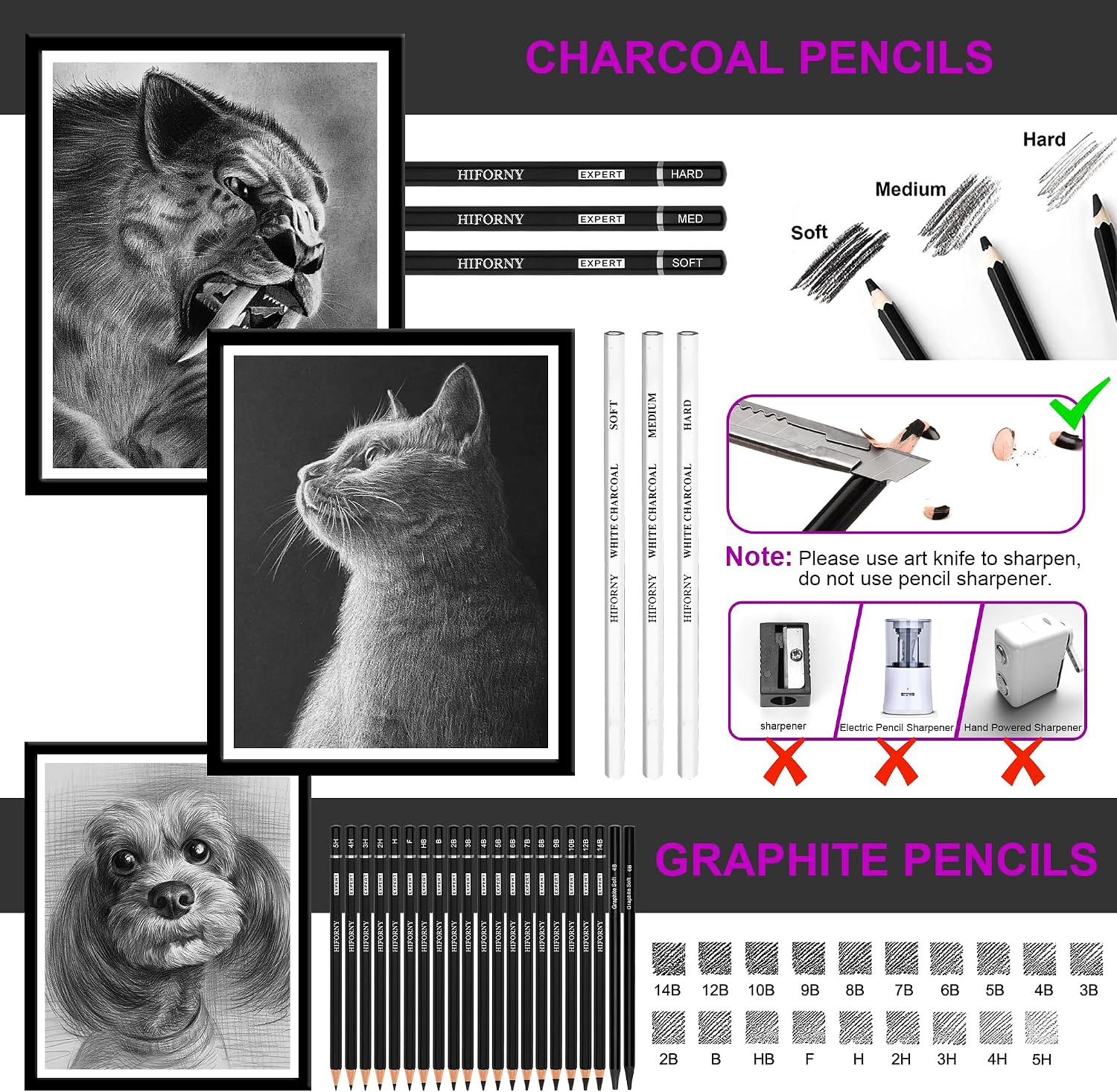 Thumbnail 4 de HIFORNY Set da Disegno 70 Pezzi con Libro a 3 Colori: matite e strumenti per schizzi, ombreggiature e miscelazione