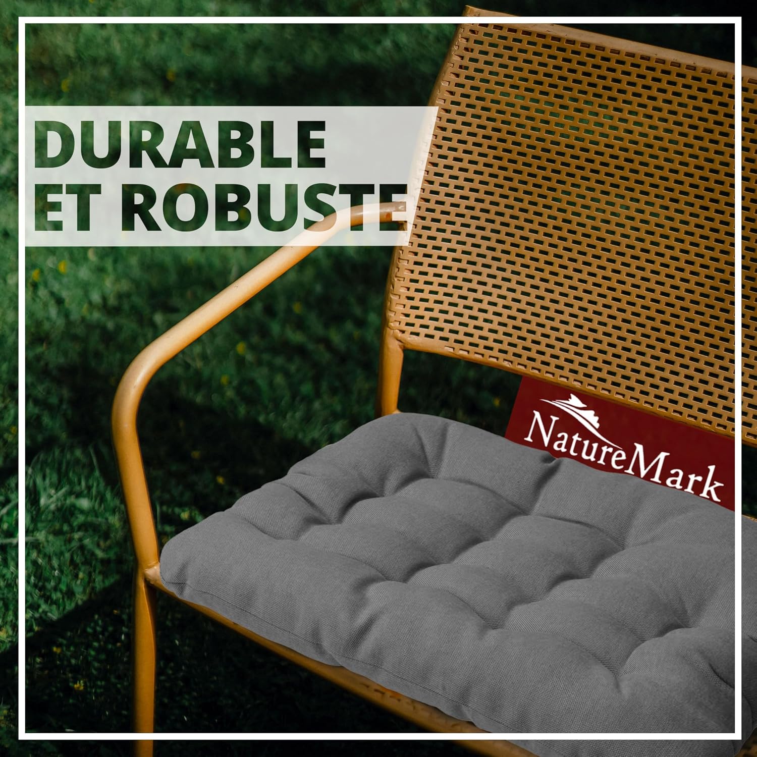 Detalle 2 de NatureMark lot de 4 galettes de chaise grises argentées 40 x 40 cm avec rubans (épaisseur 3 cm)