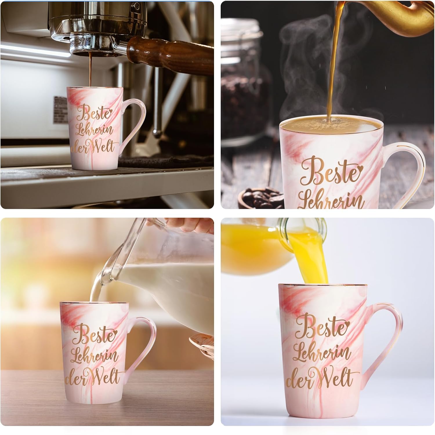 Detalle 2 de Diztoud Lehrerin Geschenk – Keramik-Kaffeetasse 400 ml in Rosa mit Deckel, Löffel und Geschenkbox