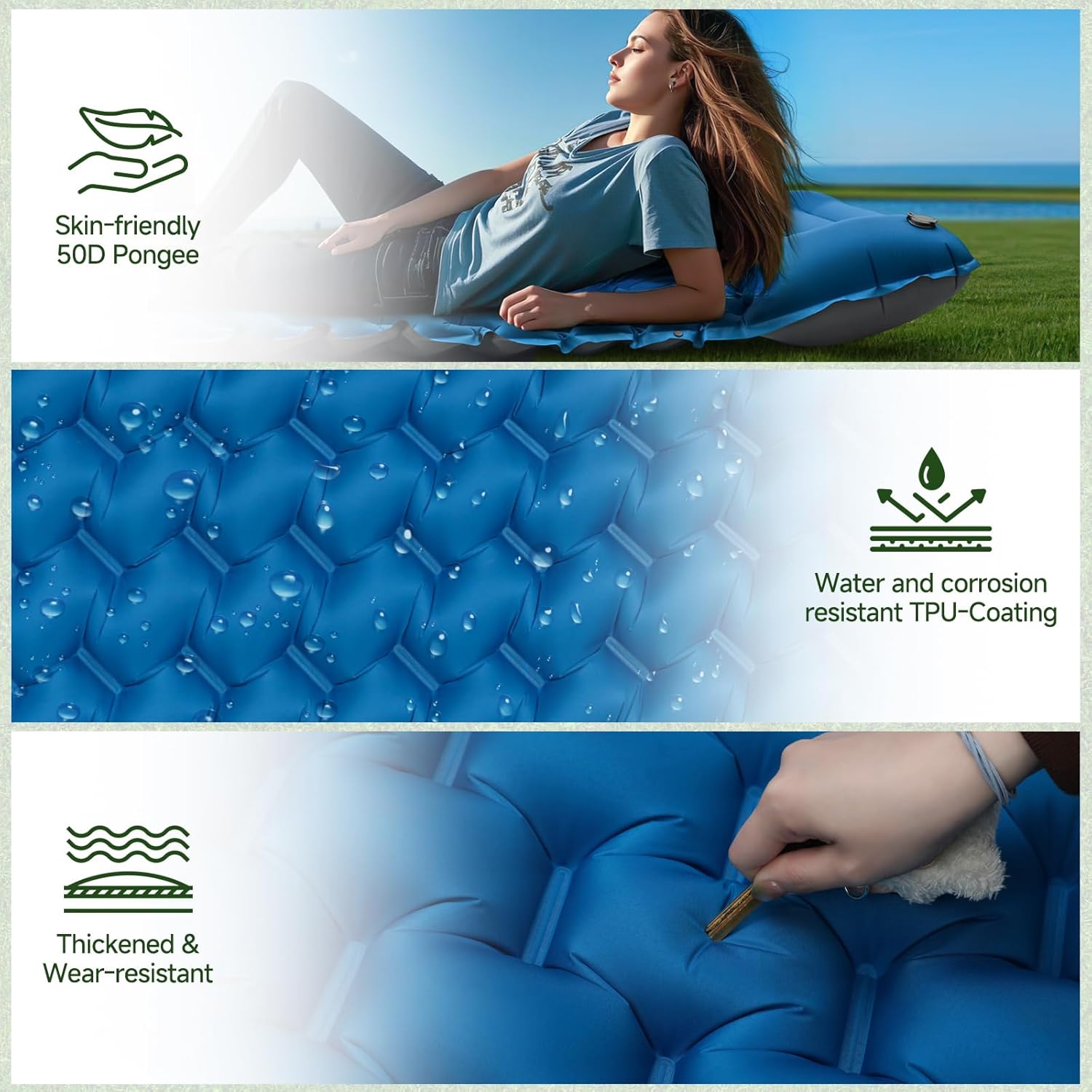 Detalle de FORRINX Isomatte Camping Luftmatratze Ultraleicht – 9 cm Polster, 200x68 cm, 950 g, faltbar inkl. Kopfkissen