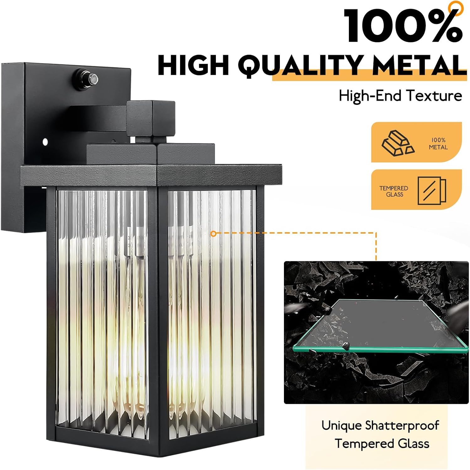 Detalle 2 de hameso G009 Outdoor Wall Lights, Black Metal, Textured Glass, Dusk-to-Dawn Sensor