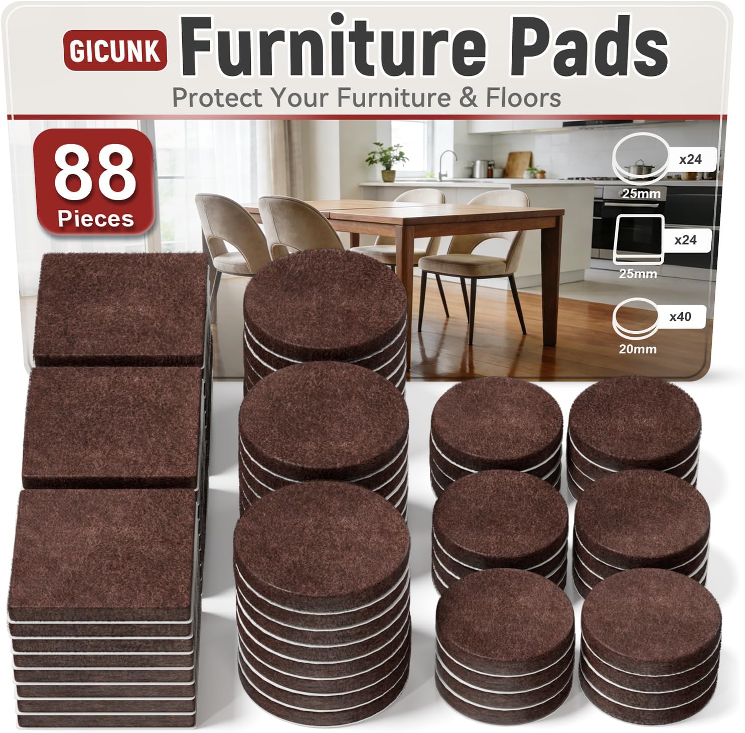 Detalle de GICUNK D01 vilten meubelglijders, 88 stuks, 4 mm, bruin en zelfklevend