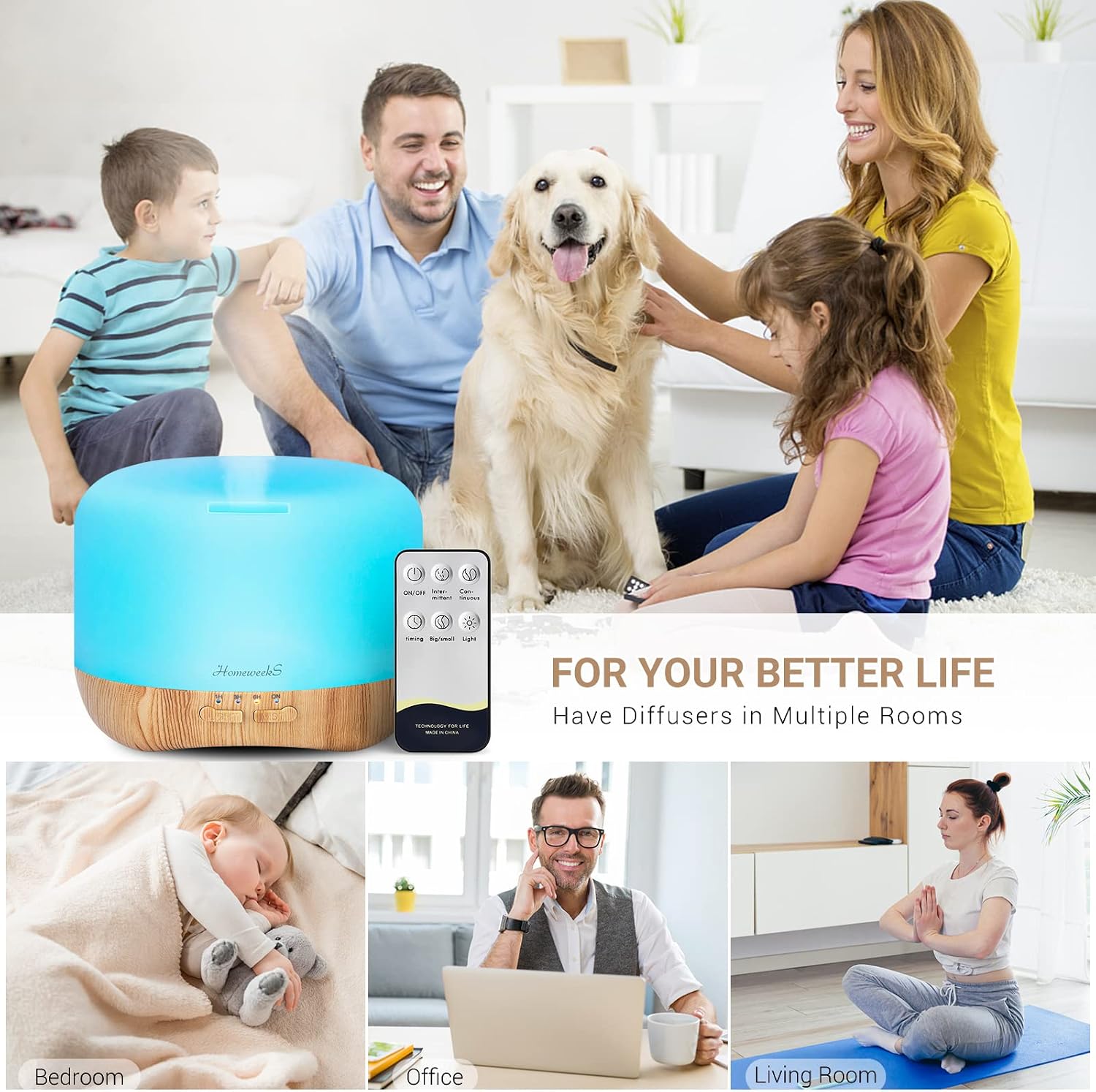 Thumbnail 1 de Homeweeks 300ml Essential Oil Diffuser with Cool Mist, Remote and 7-Color Light