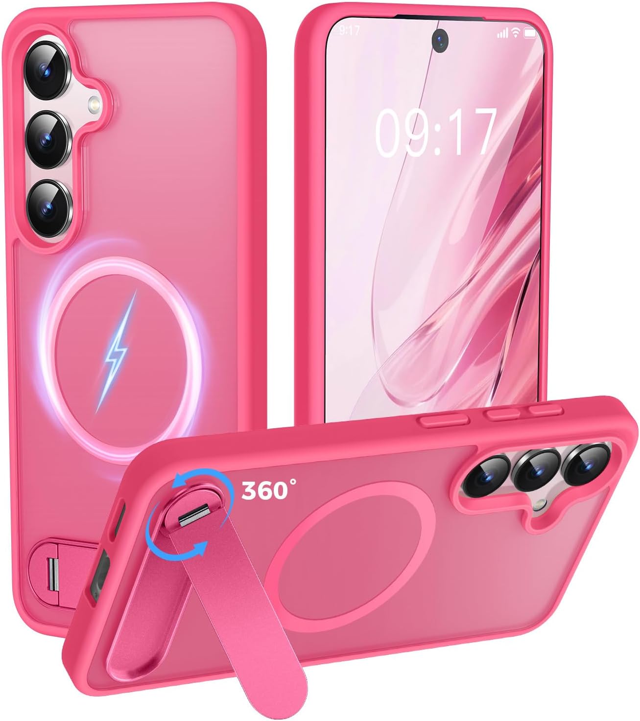 Detalle de New-One Coque Galaxy S24/S25 avec Support 360° Magnétique et Protection Militaire – Bumper Silicone Fuchsia