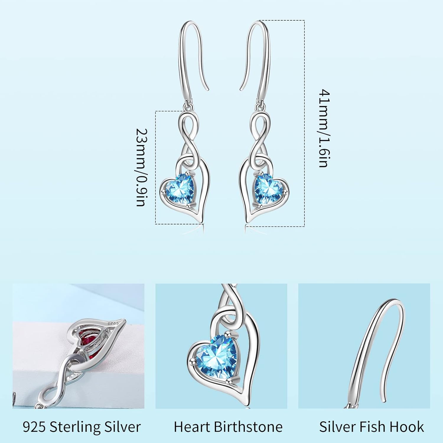 Thumbnail 5 de Geburtsstein Unendlich Ohrringe für Damen aus 925 Sterling Silber – Infinity Herz mit Zirkonia, baumelnd (Qing)