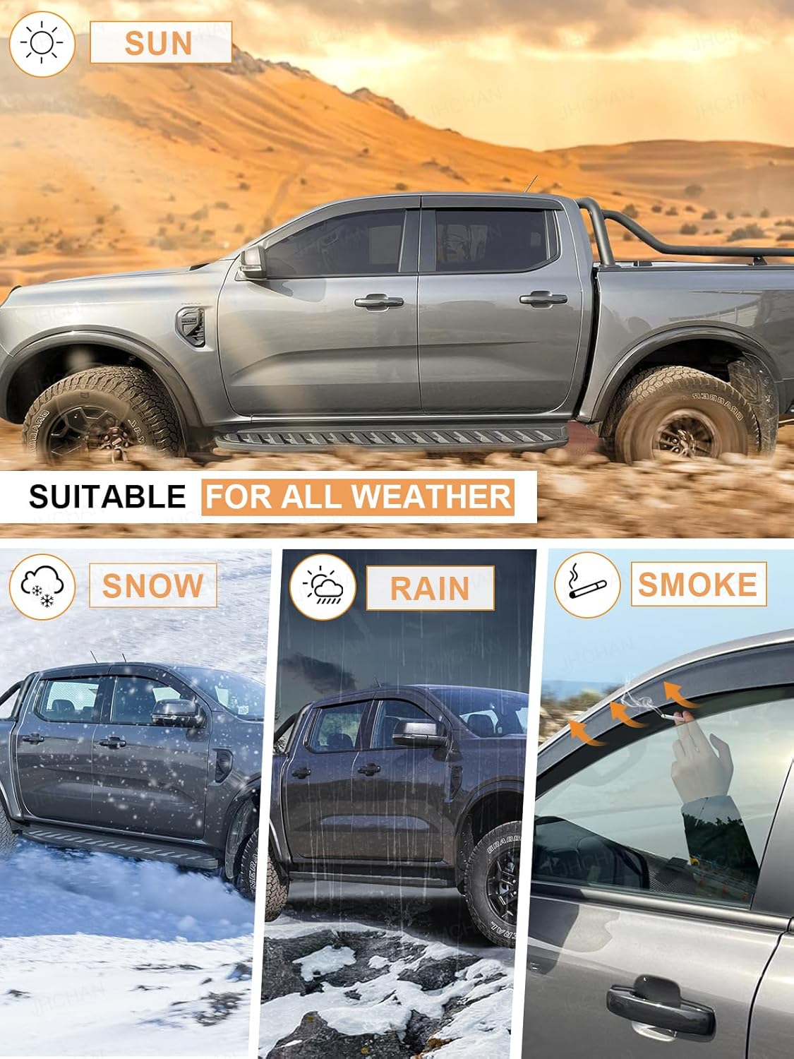 Detalle de JHCHAN Wind Deflectors for VW Amarok MK3 (2023–2026) Double Cab — 4pc Set