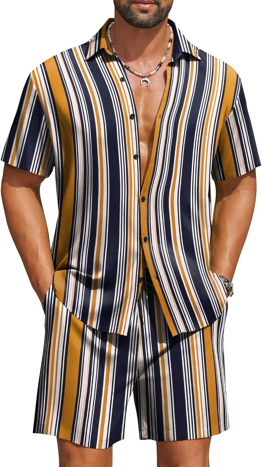 Detalle de COOFANDY Men's Hawaiian Matching 2-Piece Set: Floral Shirt + Shorts for Summer Beach Vibes