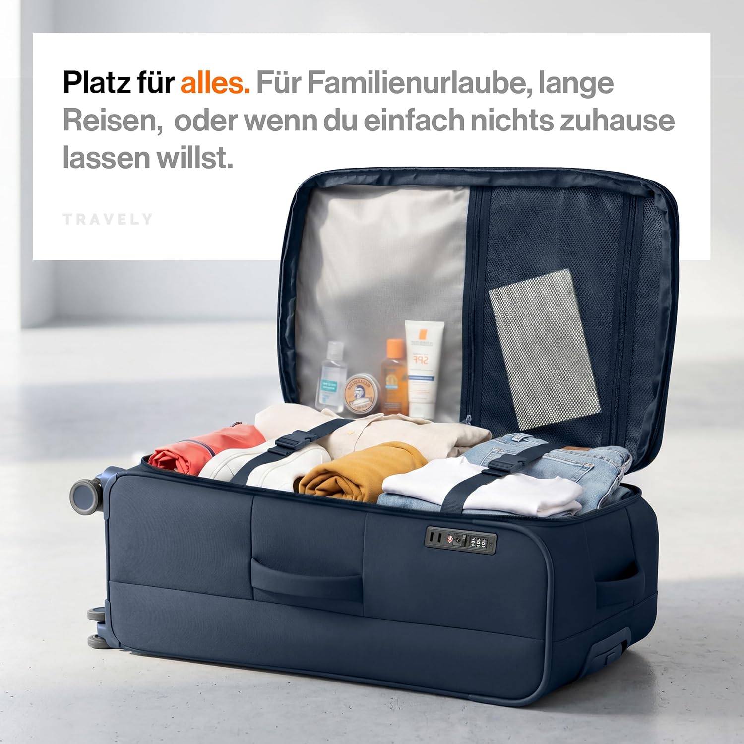 Detalle 2 de Travely Stoffkoffer XL – Großer, leichter Reisekoffer mit 4 Rollen und TSA-Schloss