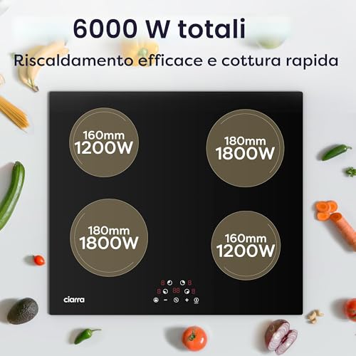 Detalle 2 de CIARRA Piano Induzione da Incasso 4 Fuochi 60 cm: potenza 6000 W, controllo touch e timer