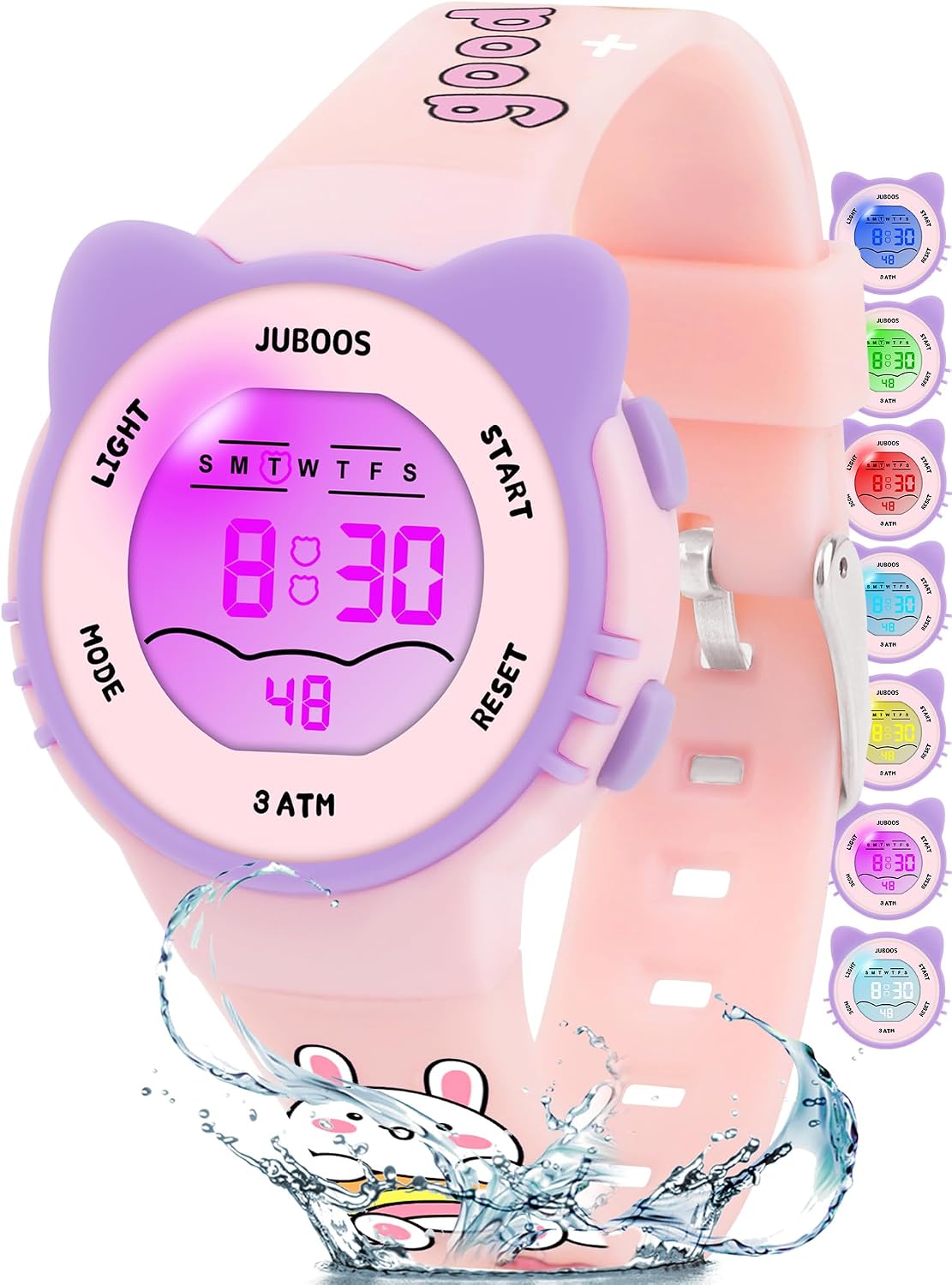 Thumbnail 6 de Juboos Montre Enfant avec Bracelet Imprimé et 7 Lumières Colorées – Étanche, Oreilles de Chat, 5 à 15 Ans