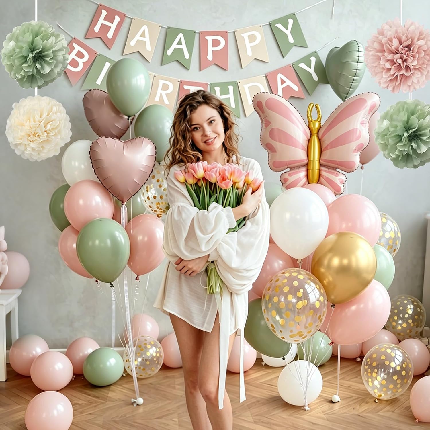Thumbnail 6 de Dusty Pink & Green Birthday Decorations Set: A Romantic, Versatile Party Kit