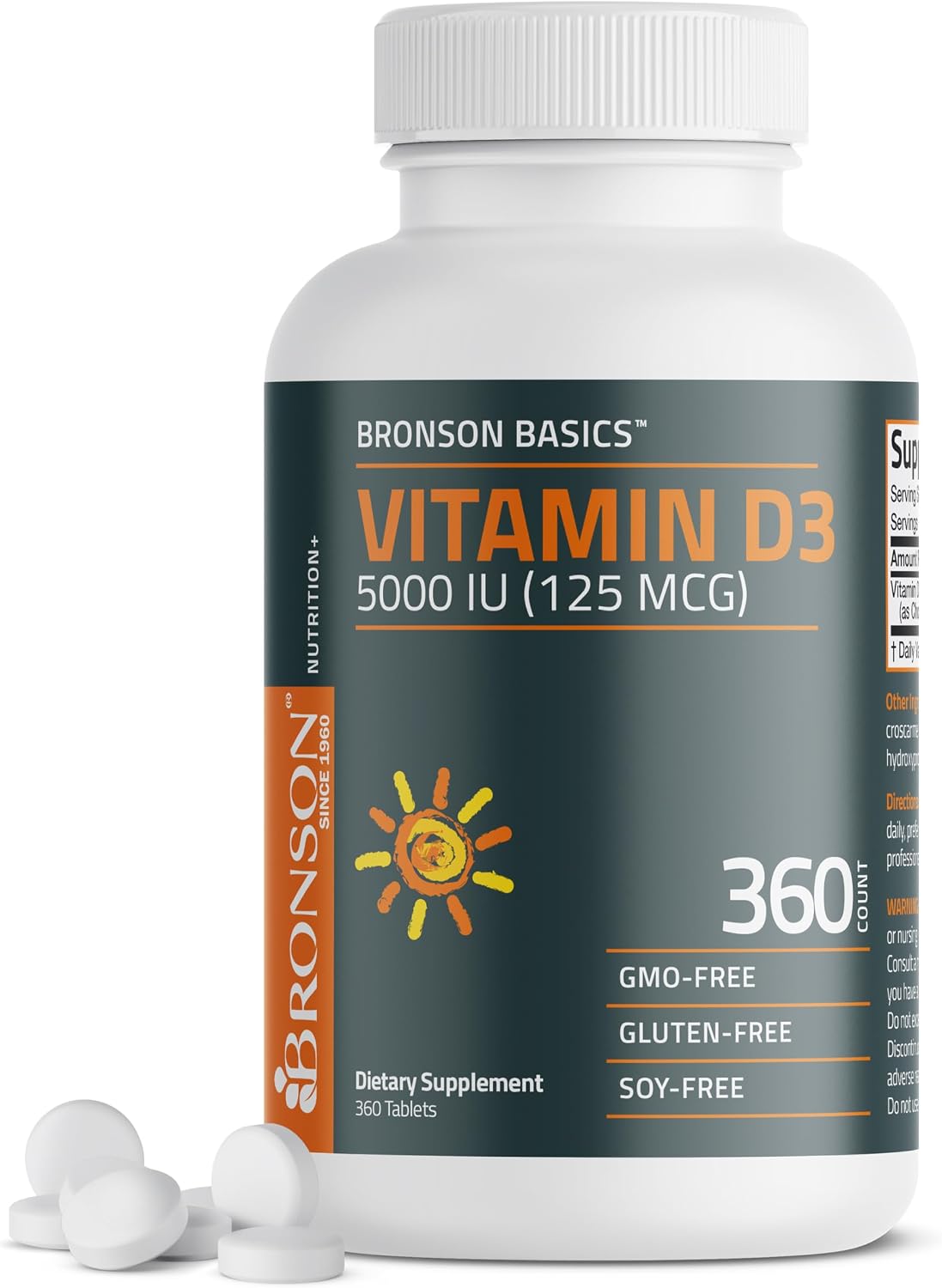 Detalle de Bronson Vitamin D3 5,000 IU Tablets, 360 Count, Non-GMO, Gluten-Free