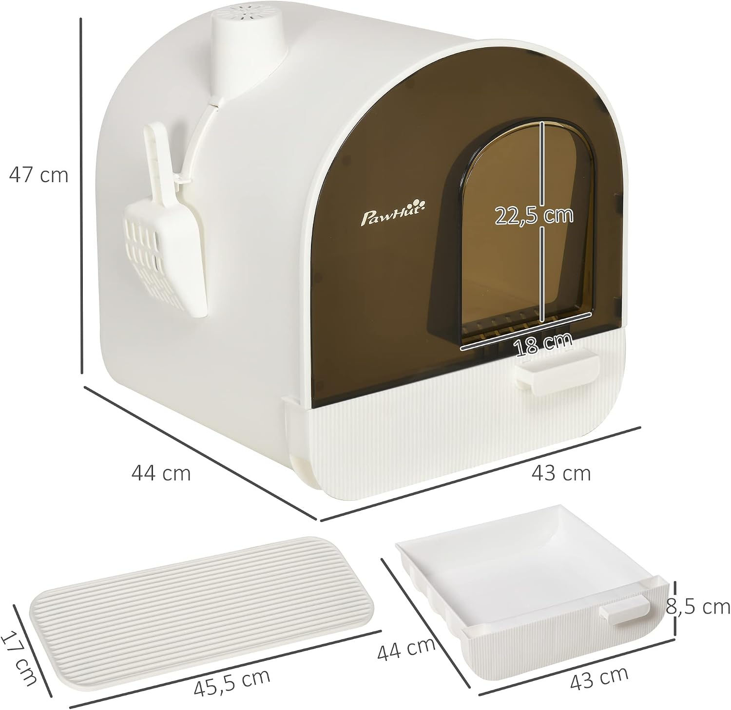 Thumbnail 6 de PawHut bac à litière pour chat maison de toilette avec porte battante, pelle et filtre inclus (43 × 44 × 47 cm) – Blanc