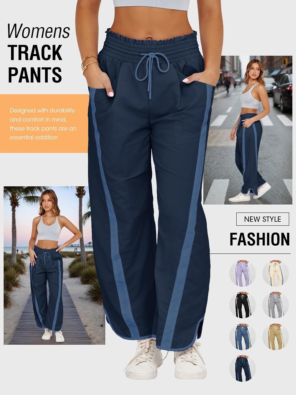 Detalle de Fisoew Women's Baggy Wide Leg Pants – Casual Drawstring Elastic Waist, Contrast Color Track Pants