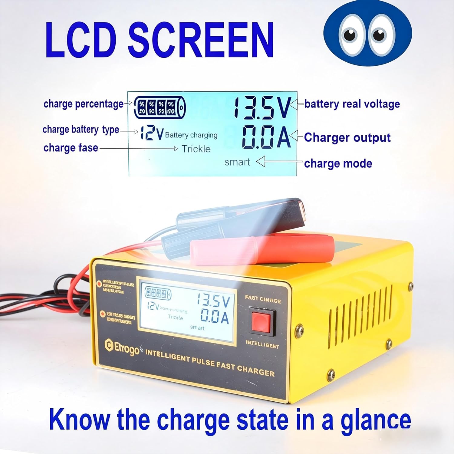 Thumbnail 3 de Etrogo 12V/24V Intelligent Battery Charger 10A with Large Display and Repair Function (UK mains)
