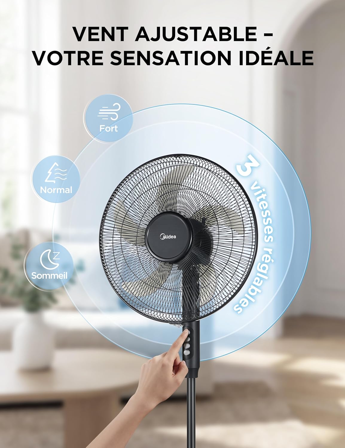Thumbnail 6 de Midea Ventilateur sur Pied 107,5–122 cm – 40 W, 5 pales, oscillant, télécommande, noir