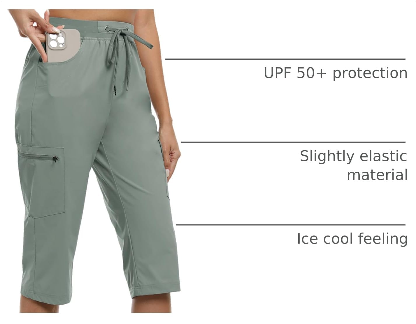Detalle de MoFiz Women’s Capri Pants — Lightweight “Ice Cool” Cargo Capris with UPF 50+ & Zipper Pockets