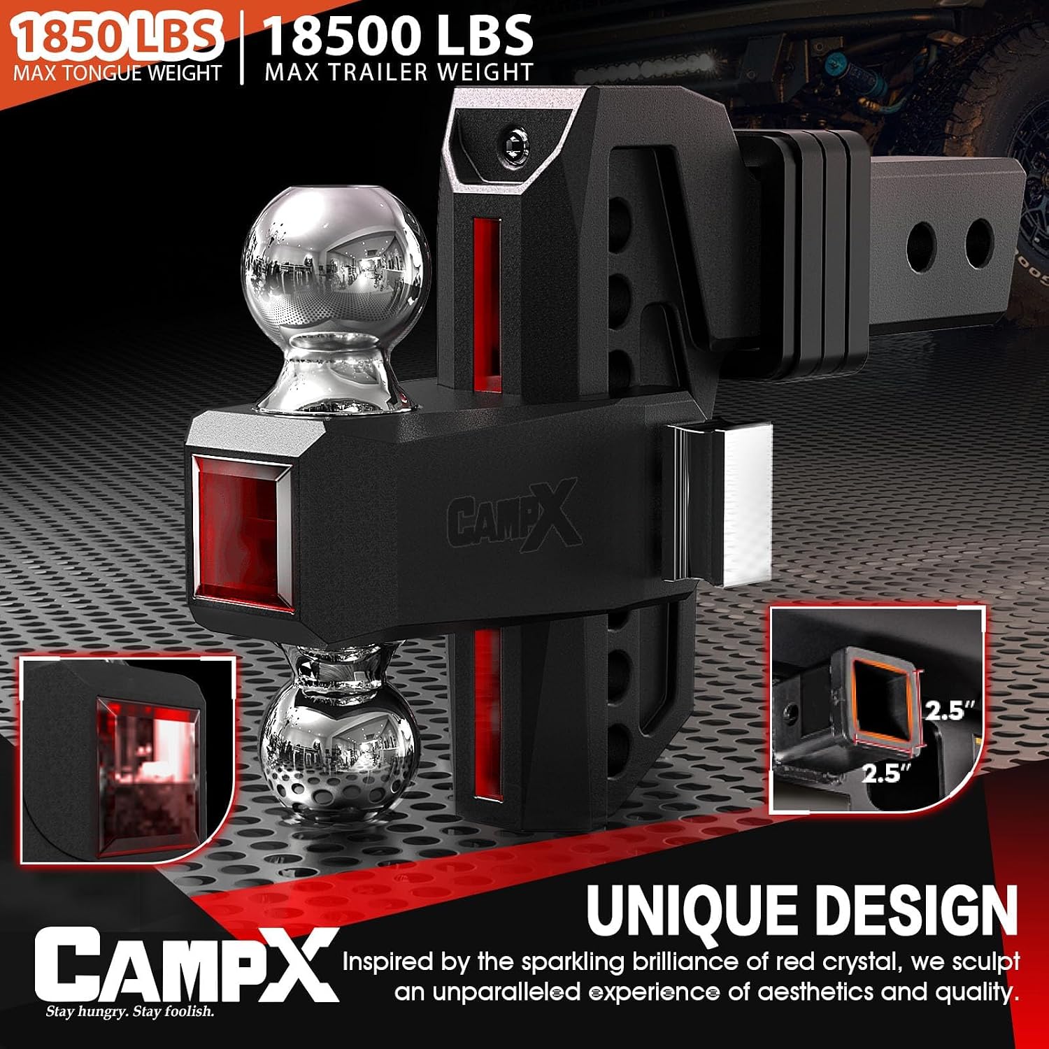 Detalle de CAMPX Adjustable Trailer Hitch for 2.5-inch Receivers (6" Drop/Rise) with Dual 2" and 2-5/16" Solid Balls
