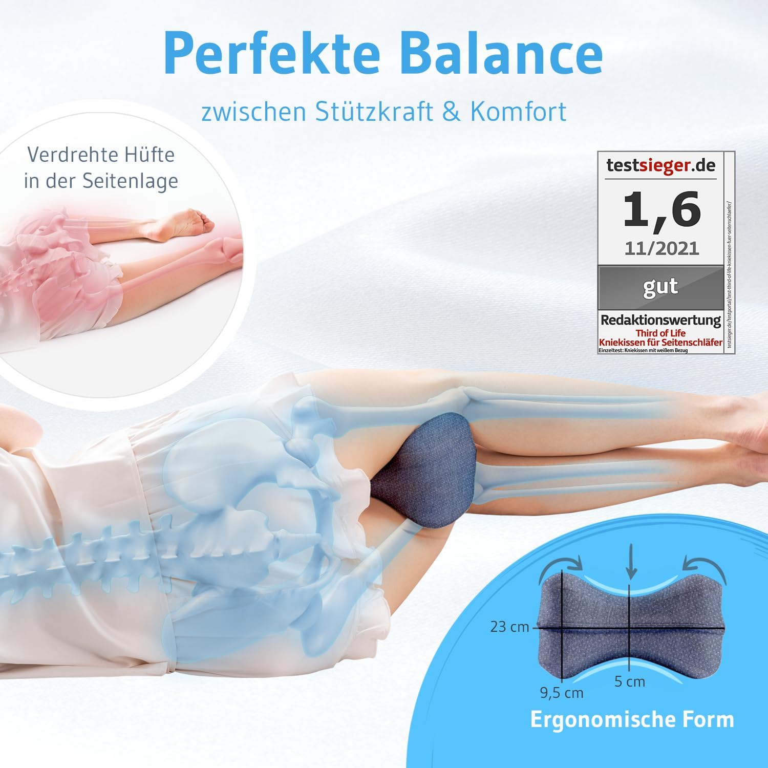 Detalle de Third of Life Kniekissen für Seitenschläfer mit Thermo-Bezug – Ergonomische Beinauflage aus Memory-Schaum