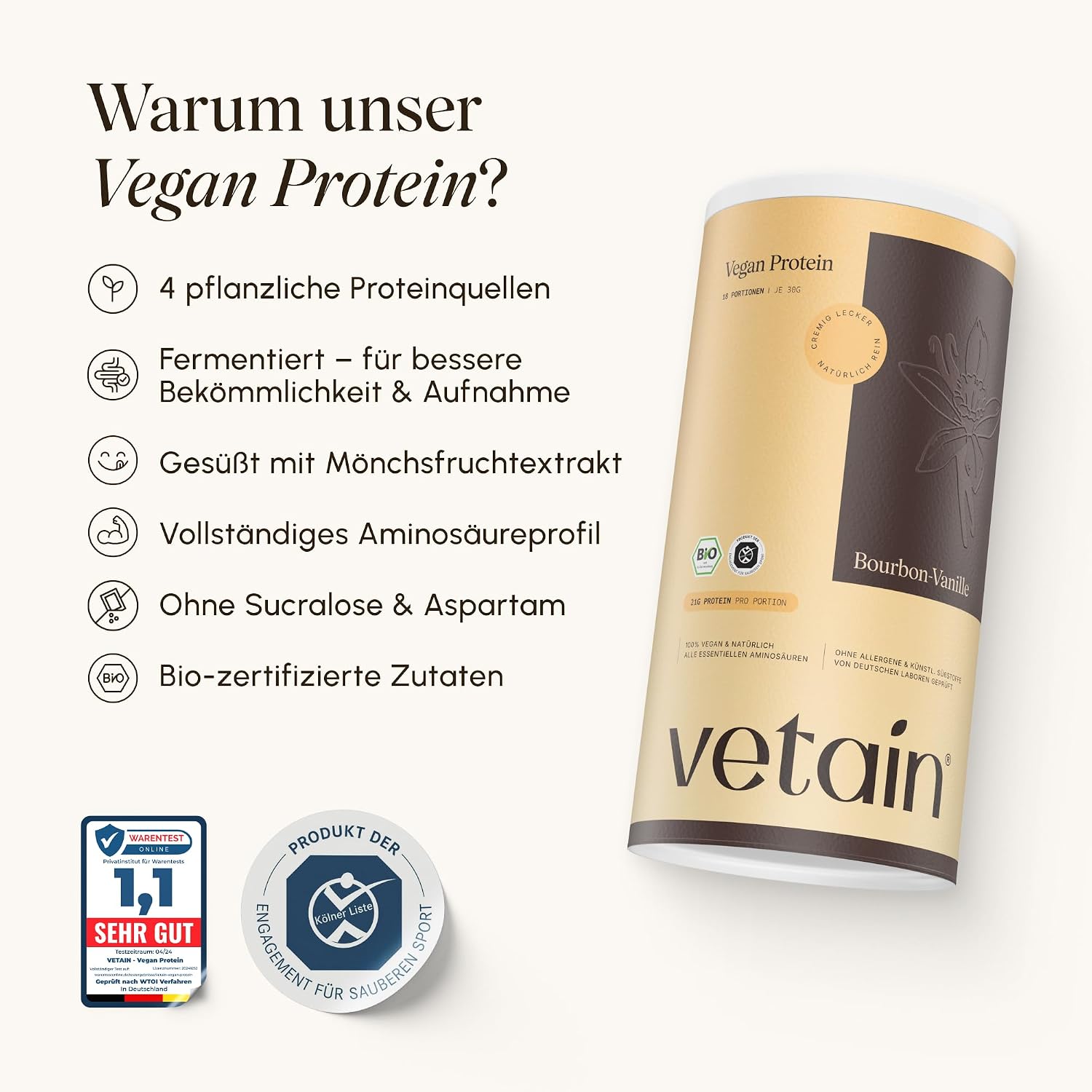 Detalle de VETAIN Veganes Proteinpulver Vanille – 21 g Eiweiß pro Portion, 100% Bio & fermentiert
